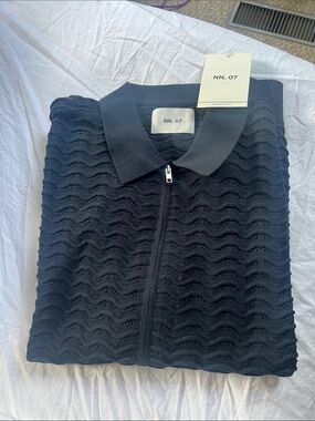 NWT. NN07 polo Men's Navy Zip-Front Textured Polo Sweater